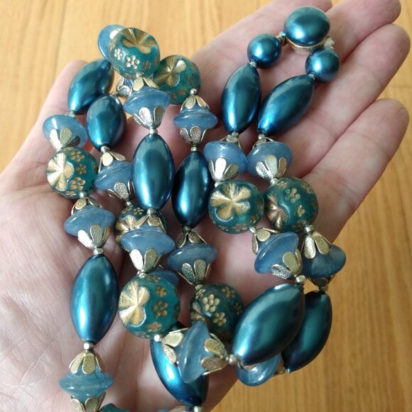 Vintage Blue Gold Beaded Necklace Retro Plastic Mid-Century Made in Hong Kong - Picture 1 of 12